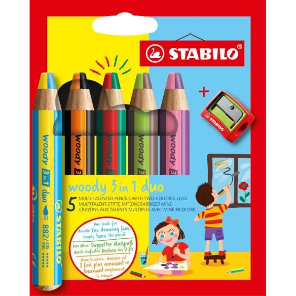 STABILO Woody DUO 3in1 5er Set + Spitzer, bastelkiste.lu