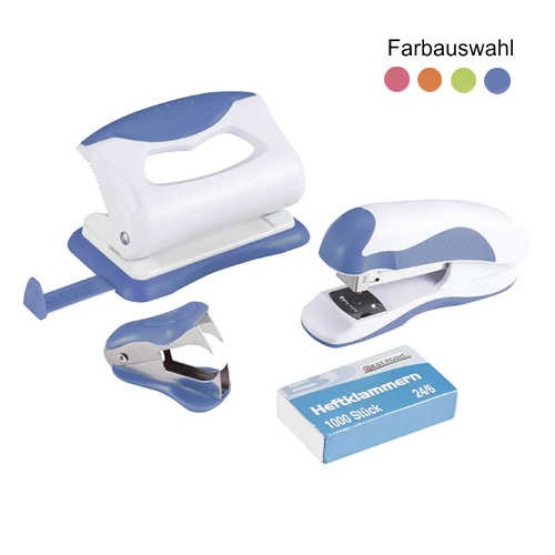 Büroset 4-teilig: Heftmaschine, Locher, Klammerentferner & Klammern mit Softgrip farblich sortiert