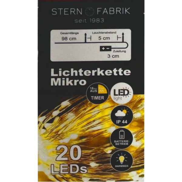 OUTDOOR Mikro LED 20er Lichterkette, WARMWEISS für 2x 1,5V AA