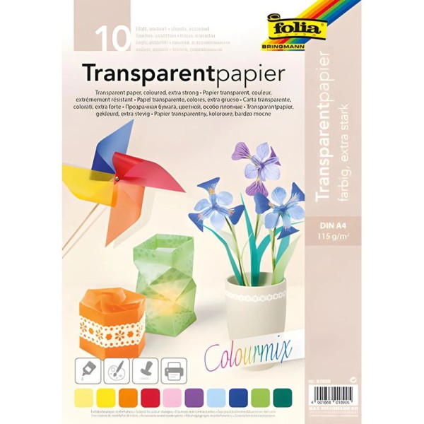 Transparentpapier DIN A4, 115g/m², farbig extra stark, 10 Blatt, bastelkiste.lu