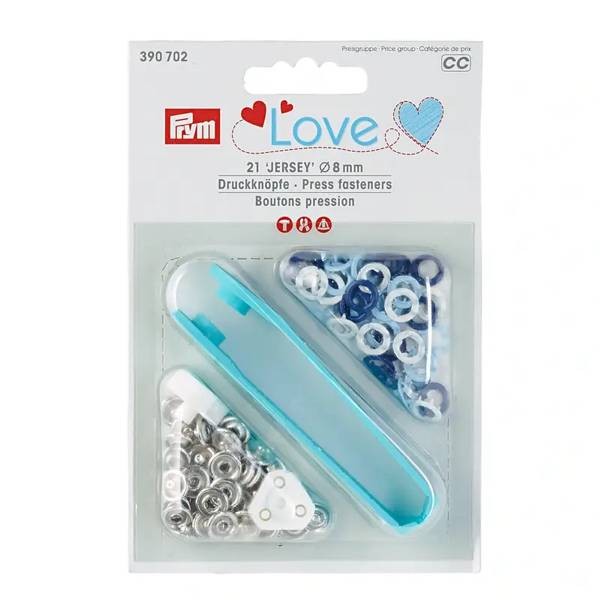 Druckknöpfe Jersey, Love, Ø 8mm, blau / weiß / hellblau