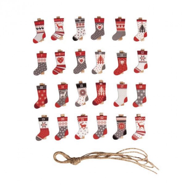 Adventskalender-Zahlen 24tlg. Socken mit Holzklammer